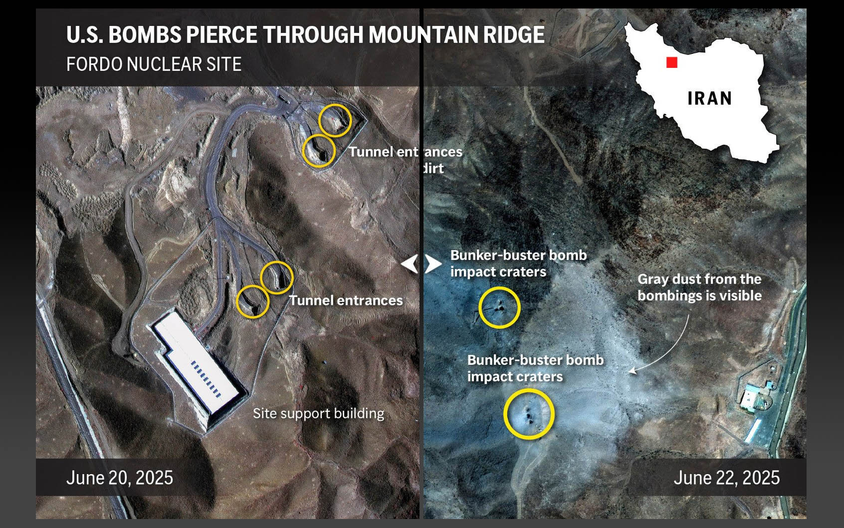 Esta imagen gráfica compara la instalación nuclear iraní de Fordo antes y después del bombardeo estadounidense del 22 de junio de 2025. Foto: AP Graphic/Maxar Technologies Images/Phil Holm Graphic