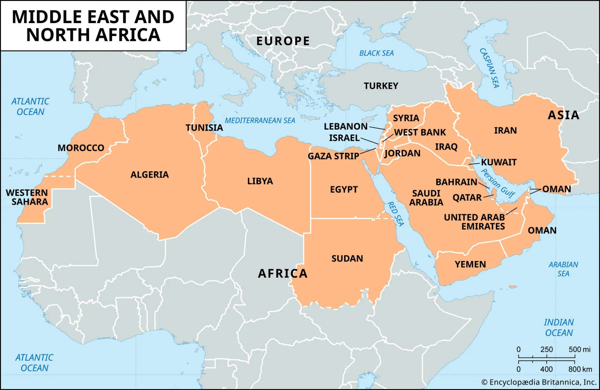 Un vistazo a lugares clave en el corazón de Oriente Medio. Israel tiene una superficie de 22.145 km² y es considerablemente más pequeño que la mayoría de los grandes países árabes, como Arabia Saudí (2.149 millones de km²). Foto: Enciclopedia Británica