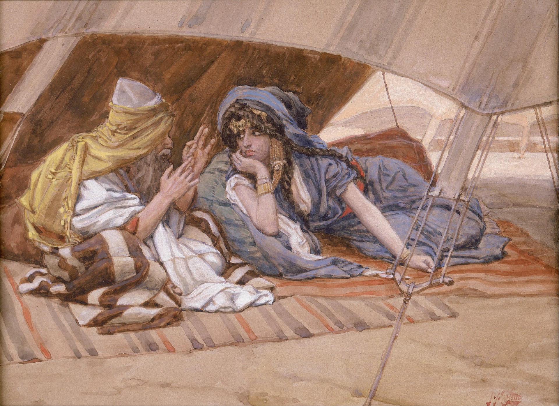 El consejo de Abram a Sarai, de James Jacques Joseph Tissot (1836-1902). ca. 1896-1902. Museo Judío de Nueva York. Abraham tuvo sus momentos de fracaso, y la Biblia no duda en mencionarlos. El consejo de Abraham a Sarai fue una mentira para proteger sus vidas cuando viajaron a Egipto durante una hambruna: le pidió que dijera que era su hermana en lugar de su esposa. Como resultado, Faraón tomó a Sarai como esposa, pero Dios intervino afligiendo a la casa de Faraón hasta que se reveló la verdad, y entonces Faraón los expulsó de Egipto. Es decir, Abram mintió sobre su relación con Sara para protegerse en tierras potencialmente hostiles (Génesis 12:10-20; 20:1-18). En ambos casos, Dios protege y bendice a Abraham a pesar de su falta de fe. También sabemos que la frustración de no tener un hijo desgastó a Abraham y Sara, y ella le sugirió a Abraham que tuviera un hijo con su sierva Agar en su nombre; Abraham aceptó (Génesis 16:1-15). El nacimiento de Ismael no solo demuestra la futilidad de la insensatez y la falta de fe de Abraham, sino que también demuestra la gracia de Dios (al permitir que el nacimiento tuviera lugar e incluso bendecir a Ismael, de quien descienden los árabes). Los errores de la fe de Abraham, particularmente en lo que respecta a la situación con Agar e Ismael, nos muestran la insensatez de intentar resolver los problemas por nuestra cuenta. Dios le había prometido un hijo a Abraham y Sara, pero en su impaciencia, su plan de darle un heredero a Abraham resultó contraproducente. Primero estuvo el conflicto entre Sara y Agar, y más tarde el conflicto entre Ismael e Isaac. Según los textos bíblicos, Isaac (hijo de Abraham y Sara) finalmente llegó trece años después de Ismael (hijo de Abraham y Agar), cuando Abraham tenía 100 años y Sara 90. Los descendientes de Ismael acabaron siendo acérrimos enemigos del pueblo de Dios, como podemos aprender del relato del Antiguo Testamento, y esto continúa hasta el día de hoy en el conflicto entre Israel y sus vecinos árabes.