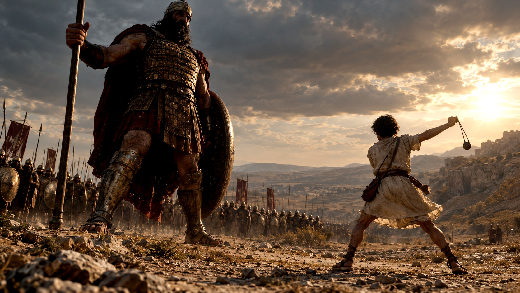 David se enfrenta a Goliat, según el relato del Antiguo Testamento. El guerrero de Gat es presentado como un combatiente de dimensiones extraordinarias, armado y protegido frente a un joven David que avanza hacia él con una honda. El episodio, narrado en 1 Samuel 17, se convirtió en una de las escenas más emblemáticas de la tradición bíblica y en una representación del enfrentamiento entre una fuerza aparentemente superior y un adversario que desafía todas las expectativas