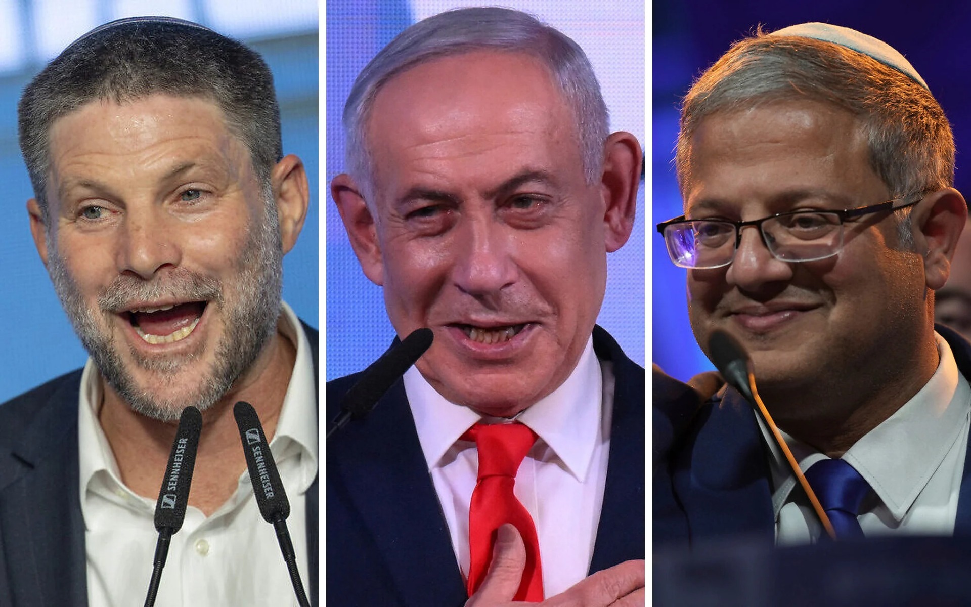 El presidente de Sionismo Religioso, Bezalel Smotrich; el primer ministro Benjamin Netanyahu; y el líder de Otzma Yehudit, Itamar Ben Gvir, se dirigen a sus seguidores tras las elecciones del 27 de octubre de 2026. Fotografías: Chaim Goldberg / Flash90; Jewel Samad / AFP; Leo Correa / AP